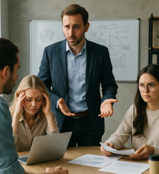 Unsicherer Teamleiter vor gestresstem Team in Besprechung – fehlende Klarheit in der Führung