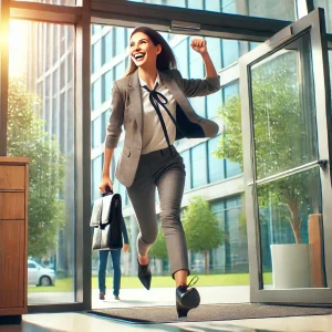 Eine gut gelaunte Chefin in professioneller Kleidung betritt energisch ein modernes Bürogebäude. Draußen ist viel Grün zu sehen.