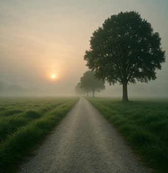 Gerader Kiesweg führt durch neblige Landschaft mit Sonnenaufgang und Bäumen am Rand