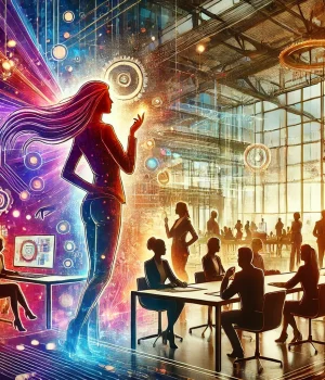 Dynamische Büroszene mit einer selbstbewussten Frau im Vordergrund, die Empowerment symbolisiert. Menschen arbeiten zusammen in einem modernen, lichtdurchfluteten Büro, während digitale Elemente Innovation und Zukunftsdenken darstellen.