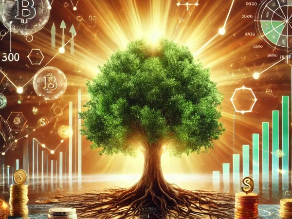 Großer Baum mit tiefen Wurzeln und grünen Blättern, umgeben von Finanzdiagrammen und Münzen. Symbolisiert langjährigen Geschäftserfolg.