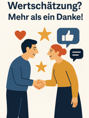 Wertschätzung im Job visuell dargestellt mit Handschlag und Symbolen