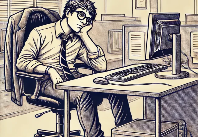 Unmotivierter Mitarbeiter sitzt an einem Schreibtisch im Büro, lehnt gelangweilt mit dem Kopf auf der Hand und starrt auf den Computerbildschirm.