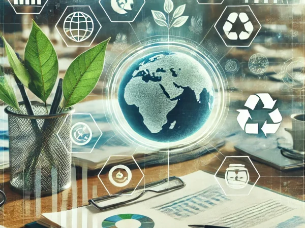 Nachhaltigkeitsmanagement und -berichterstattung: Dokumente und Diagramme kombiniert mit umweltfreundlichen Symbolen wie einem Globus und Recycling-Zeichen.