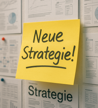 Gelber Post-it mit Aufschrift „Neue Strategie!“ an Wand voller Pläne, Diagramme und Geschäftsdokumente