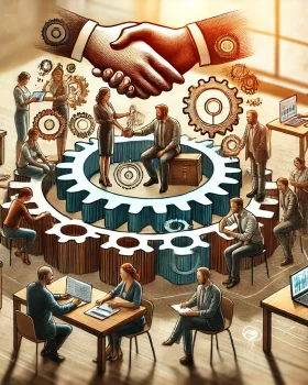 Symbolische Darstellung eines modernen Arbeitsplatzes mit Teams, die an Schreibtischen arbeiten. In der Mitte ein großes Zahnrad, das Zusammenarbeit und Unternehmenswerte visualisiert, darüber ein Händedruck als Zeichen für Vertrauen und Kooperation.