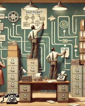 Retro-Büroszene mit chaotischen Abläufen, vollen Aktenordnern und komplexem Prozessdiagramm – Symbolbild für hinderliche Prozesse in der Führung.
