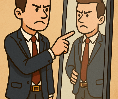 Cartoon-Geschäftsmann im Anzug zeigt mit strengem Blick auf sein Spiegelbild