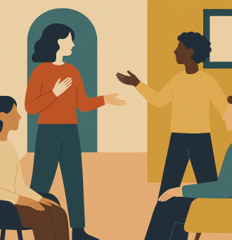 Führen heißt auch folgen – wie geteilte Verantwortung gelingt: Illustration von vier Personen im Gespräch, sinnbildlich für Raum geben und gemeinsames Gestalten