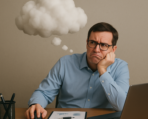 Nachdenklicher Mann im Büro blickt frustriert zur Seite, während über seinem Kopf eine Gedankenwolke schwebt – humorvolle Darstellung der Diskrepanz zwischen Wunschdenken und Realität im Arbeitsalltag.