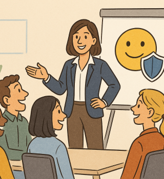 Cartoon-Führungskraft präsentiert lächelnd vor ihrem Team mit Flipchart und Symbolen für Sicherheit und positive Teamkultur
