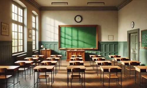 Leeres Klassenzimmer mit grüner Tafel, Holzbänken und Sonnenlicht – Symbol für Lernen, Entwicklung und Weiterbildung im Führungskontext