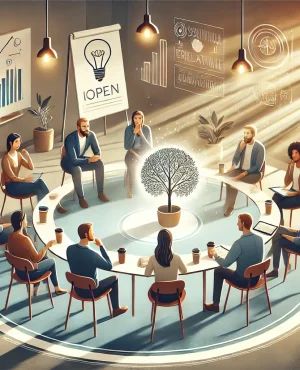 Teamkreis in modernem Büro mit Lichtstrahlen, reflektierendem Baum und Führungskräften im Dialog – Symbolbild für Leadership, Vertrauen und Entwicklung