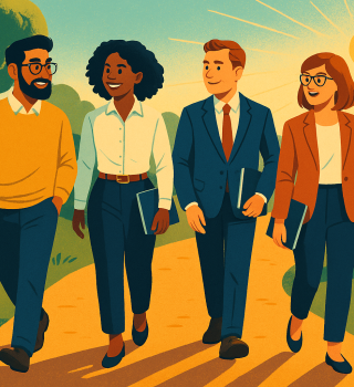 Führen heißt auch folgen – wie geteilte Verantwortung gelingt: Illustration von vier Personen im Business-Outfit bei einem Gesprächsspaziergang im Grünen, sinnbildlich für moderne, gleichberechtigte Führung