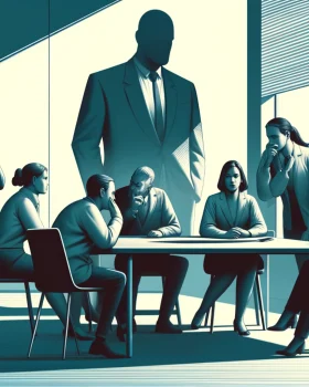 Illustration eines angespannten Teams in einem Büro, das unter einem dominanten, bedrohlich wirkenden Vorgesetzten arbeitet. Die Körpersprache der Mitarbeitenden zeigt Unsicherheit, Angst und mangelnde psychologische Sicherheit.