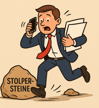 Geschäftsmann stolpert über einen Stein mit der Aufschrift Stolpersteine, während er telefoniert und Dokumente trägt