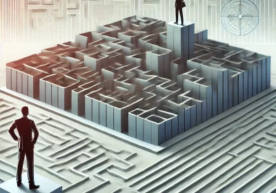 Abstrakte Darstellung eines komplexen Labyrinths mit zwei Businessfiguren – eine analysierend, die andere auf einer Erhöhung stehend.