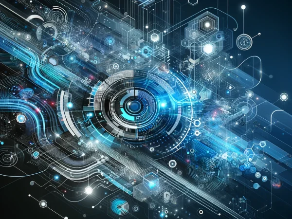 Futuristische, digitale Grafik, die technologische Visionen und Innovationen durch abstrakte Formen und leuchtende Schnittstellen symbolisiert.