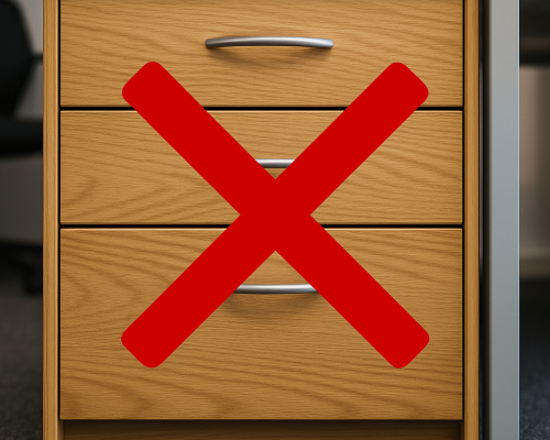 Holzfarbener Schreibtisch-Schubladenkasten mit auffälligem roten X als Symbol gegen Schubladendenken