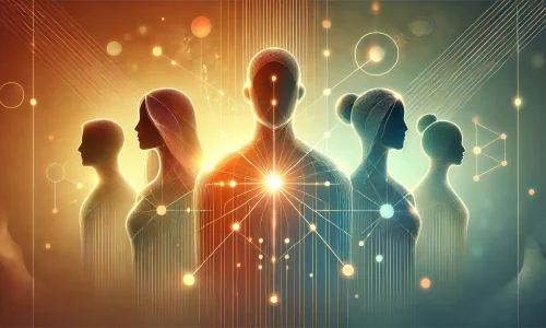 Abstrakte Illustration von fünf vernetzten Menschen, umgeben von leuchtenden Linien und geometrischen Verbindungen. Die Darstellung symbolisiert psychologische Sicherheit, Vertrauen und kollaborative Teamdynamik.