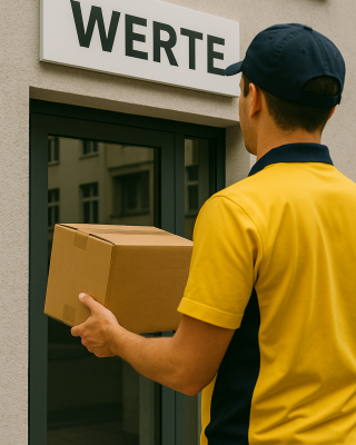 Postbote in gelber Uniform liefert ein Paket an ein Unternehmen mit dem Namen „WERTE“ – symbolisch für die Zustellung von Prinzipien und Überzeugungen