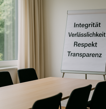 Leerer Besprechungsraum mit Flipchart, auf dem klare Werte wie Integrität, Verlässlichkeit, Respekt und Transparenz stehen