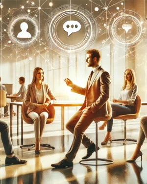 Moderne Büroillustration mit einem Team, das sich in einer offenen Diskussion befindet. Über den Personen schweben digitale Symbole für Kommunikation und Vernetzung, die psychologische Sicherheit und Zusammenarbeit symbolisieren.