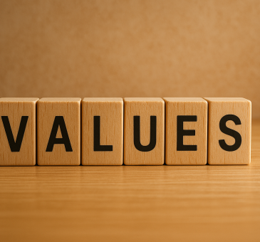 Holzblöcke mit schwarzer Aufschrift „VALUES“ stehen auf einem Holztisch vor einem warmen Hintergrund – Symbolbild für Werte und Prinzipien