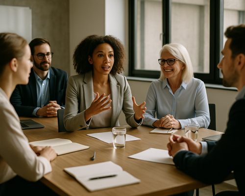 Führen heißt auch folgen – wie geteilte Verantwortung gelingt: Mehrere Personen im professionellen Meeting, aktives Zuhören und Gespräch auf Augenhöhe