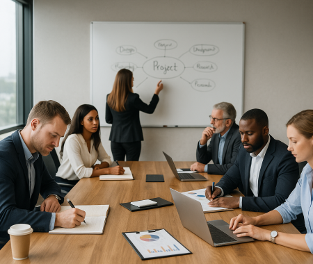 Business-Meeting mit Team in modernem Konferenzraum – Mitarbeitende brainstormen an Whiteboard und arbeiten am Laptop