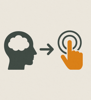 Illustration eines Kopfes mit Wolke als Symbol für Denken, daneben eine Hand mit Finger auf Ziel – Darstellung von Denken zu Handeln